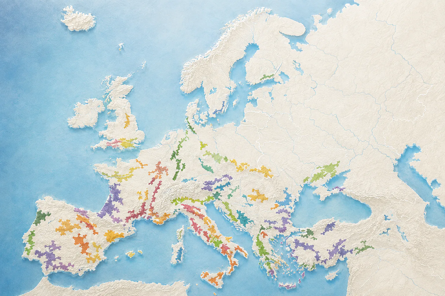 Reliefkarte Europas mit farbig markierten Anbauregionen, KI-generiert