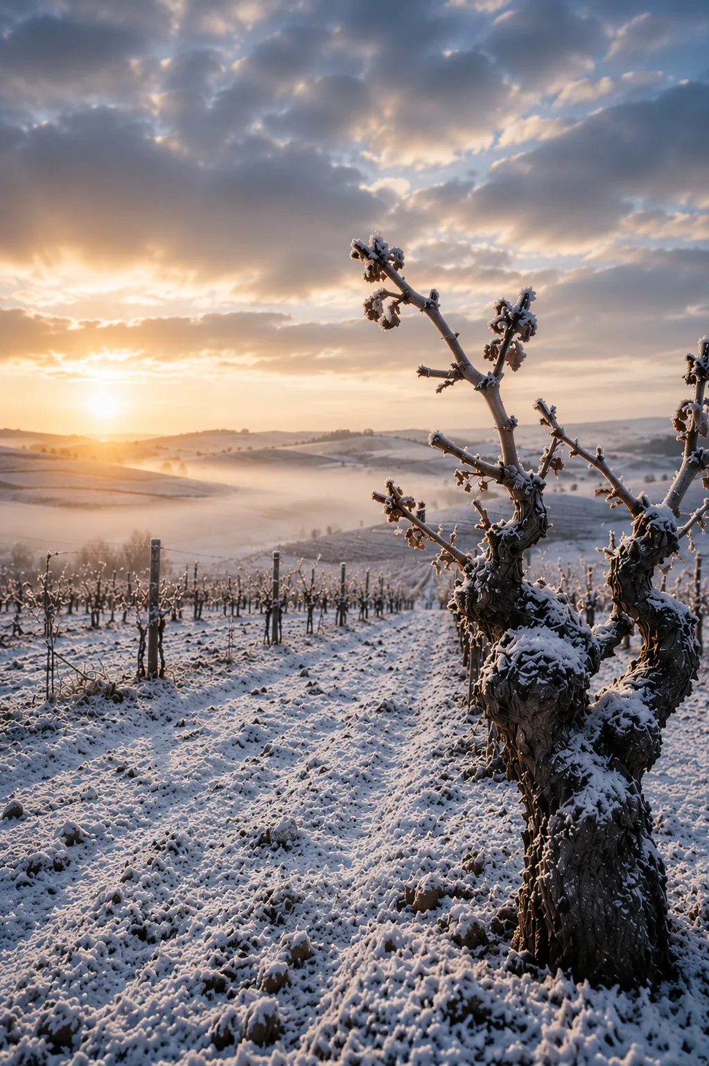 Weinberg mit Spätfrost bei Sonnenaufgang, KI-generiert